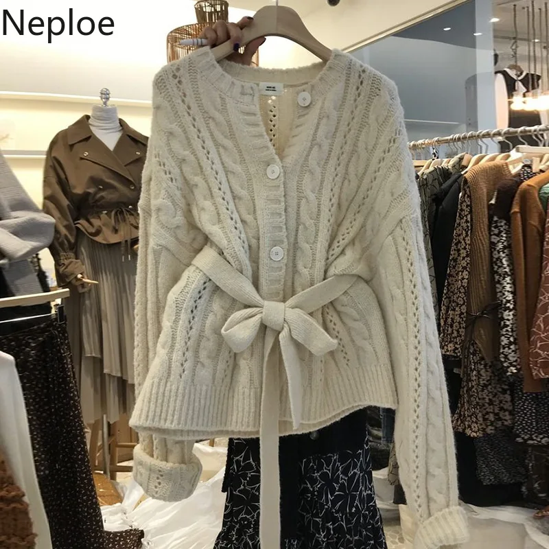 Neploe Женский вязаный кардиган, крученый корейский пояс, тонкий приталенный свитер, пальто, осенняя однобортная куртка с круглым вырезом, трикотажная одежда 56529
