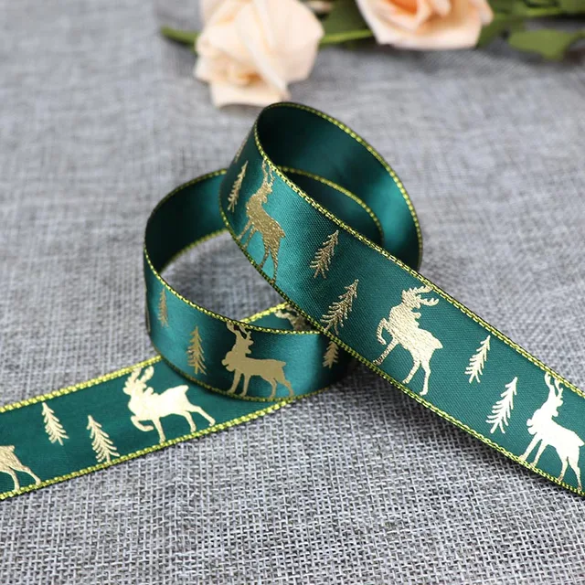 5 Yards 25mm Bronzing Christmas Ribbon Printed Polyester Ribbon For Christmas Decoration Gift Wrapping DIY Sewing Fabric B2