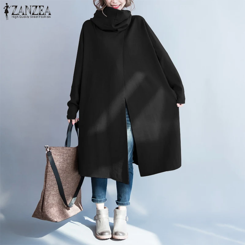 ZANZEA, Женское пальто с высоким воротом, одноцветные куртки с боковыми карманами, Повседневные пуловеры с длинным рукавом, осенняя верхняя одежда для женщин 7