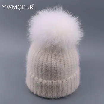 

Knitted Beanies Caps Winter Skullies Hat For Women Vintage Rabbit Fur Ladies Gorro Ski Girl Hats With Real Fox Fur Ball Pompom