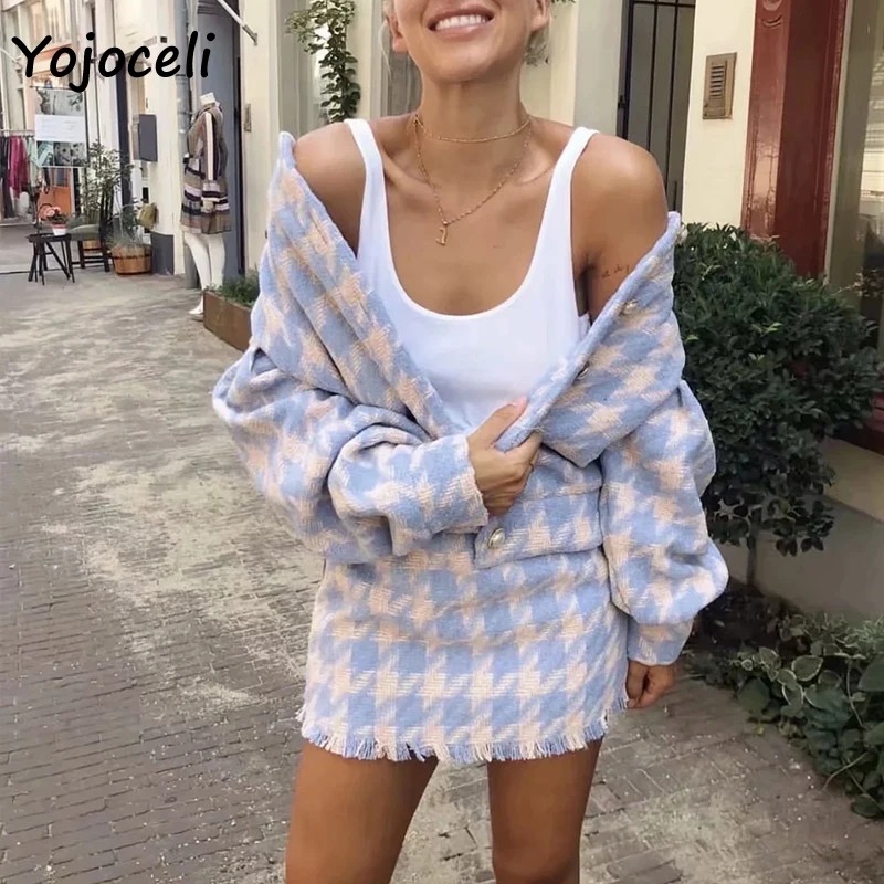 Yojoceli 2019 зимний клетчатый шерстяной Блейзер комплект из двух предметов женские