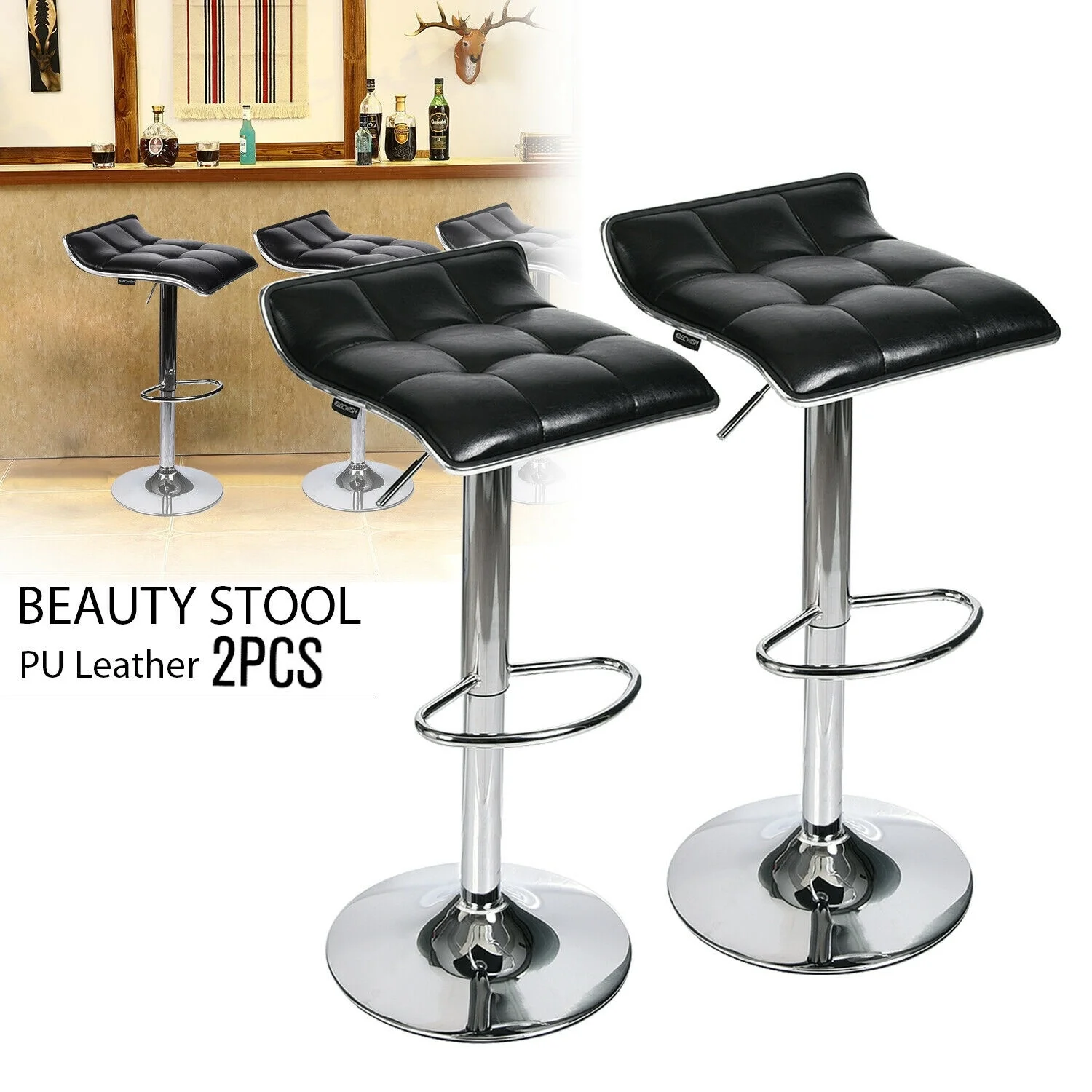 

Set of 2 Bar Stool Adjustable Swivel Leather Seat Counter Dining Chair Kitchen