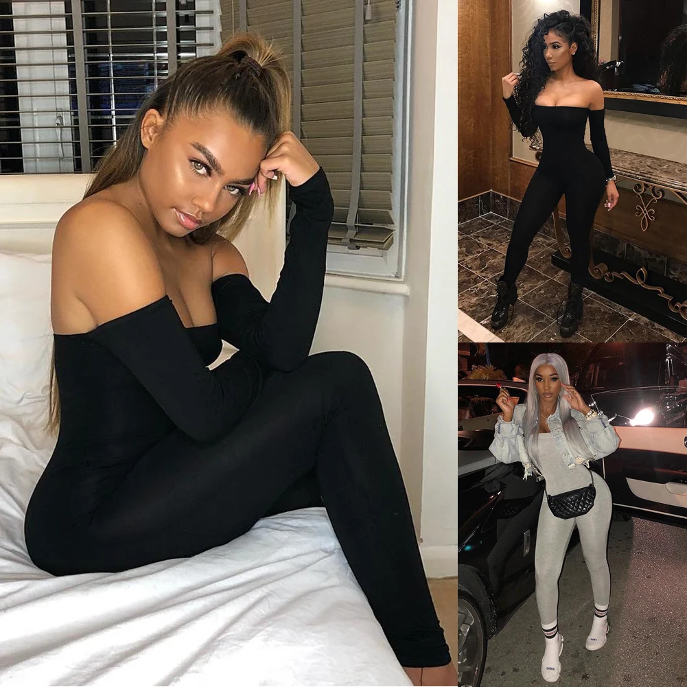 Мода женщин Дамы с открытыми плечами комбинезон с длинным рукавом Bodycon Твердые Сексуальные Клубные Комбинезоны
