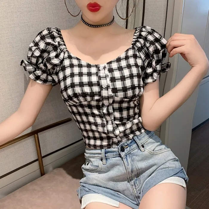 

Sexy Girl Slim Fit Petite Blouse Crop Top Women Shirt Puff Sleeve Ruched Hem Chemise Femme Chemisier Blusa Mujer Camisa