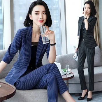 

Women's suit 2019 autumn new fashion temperament casual professional striped single buckle small suit trousers two-piece set