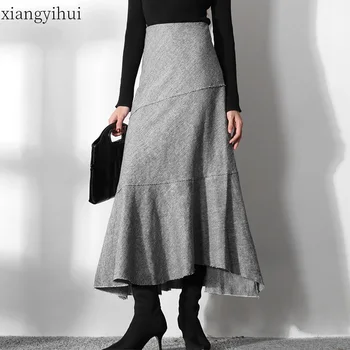

High Quality Women Grey Mermaid Skirt Wool Ruffles Party Office Skirt Long Bottoms 2019 Autumn Slim Fitted Skirts Package Hip