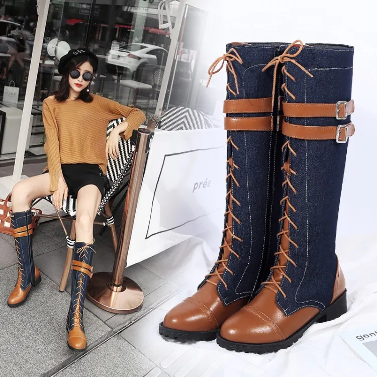 

Europe and America Fashion Spring and Autumn Mixed Colors Denim Knee-High Boots Belt Buckle Lace-up Flat Boots Knight Boots