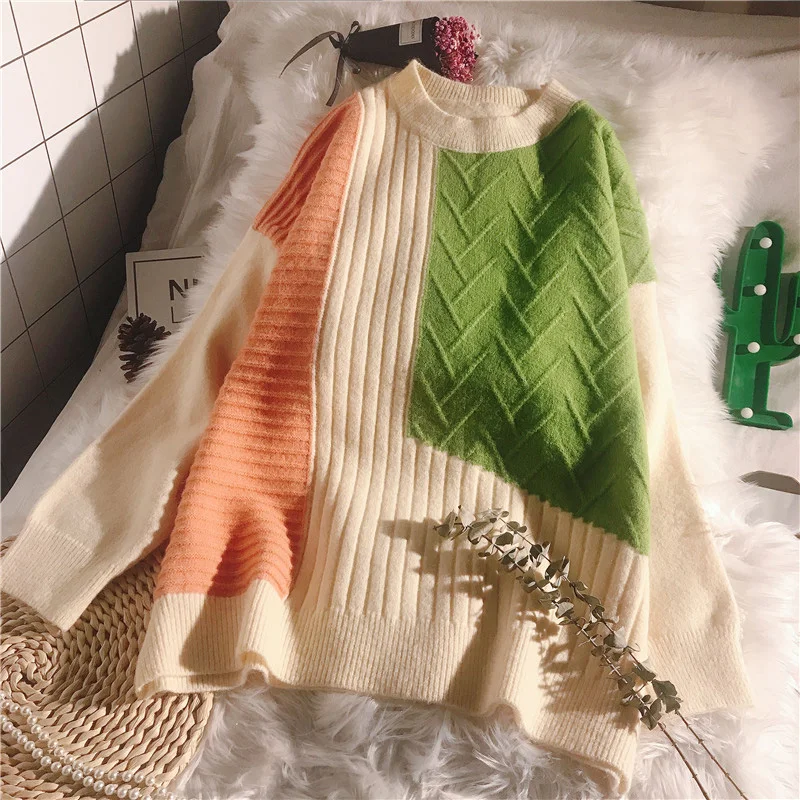 

New Sweater Women Autumn and Winter 2019 Pullover Casual Style Chic Color Matching Loose Knit Sweater Tops Outerwear