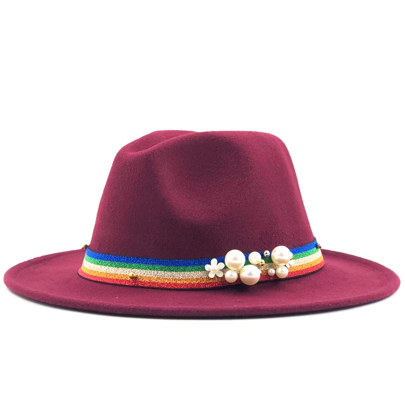 Новая женская и Мужская шерстяная шляпа Fedora с жемчужная лента джентльмен элегантный Леди Зима Осень широкие полями церкви Панама Sombrero джаз шляпа