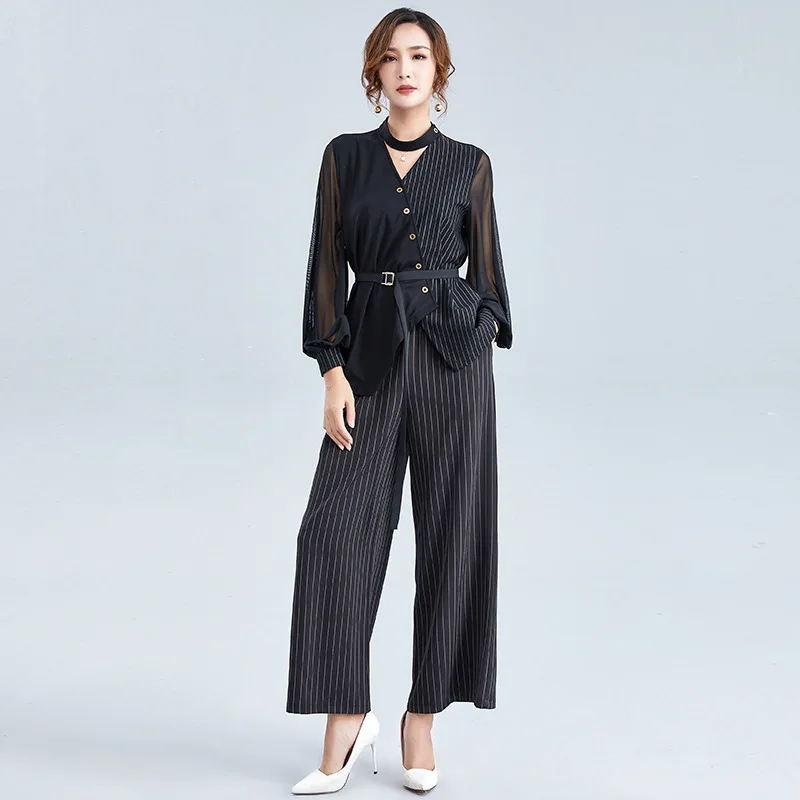 [DEAT] Autumn Fashion Trend New Pattern Office Lady Striped Breathable Wide Leg Pants Women's Long Sleeve Suit AI662
