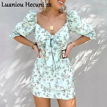 CHU Ni женское платье с цветочным принтом сексуальный V шейный галстук-бабочка женские осенние платья элегантные с коротким рукавом женские Короткие vestidos L144