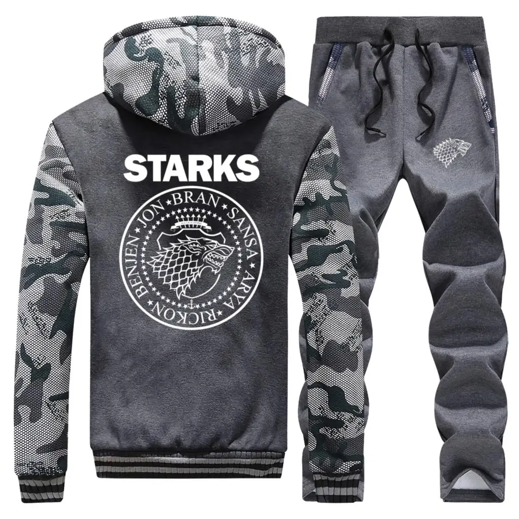 Blog Wolf Print Winter Jacket+Pants 2 Piece Sets Men Fleece Mens Hoodies Sweatshirt Trousers Suit Fashion House Strarks Man Tracksuit