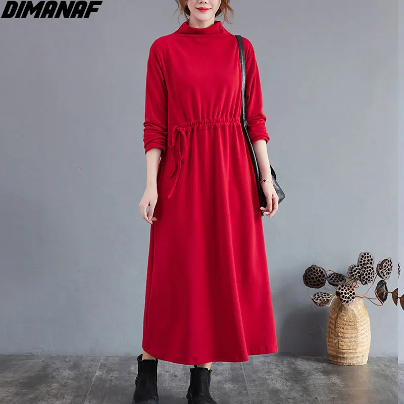 

DIMANAF Plus Size Women Dress Cotton Solid Basic Belt Long Turtleneck Autumn Female Loose Show Thin Vintage Red Casual Dresses