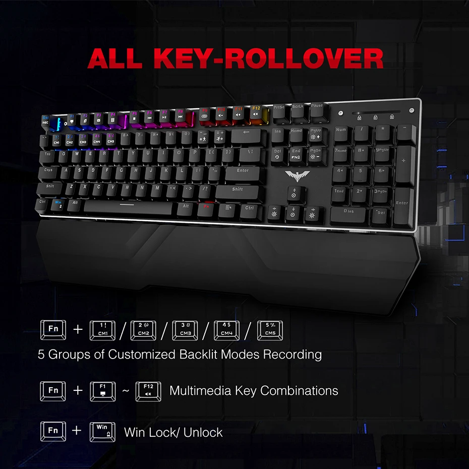 HAVIT Mechanical Keyboard 104 Keys Blue Switch Gaming Keyboard RGB /LED Light Wired USB For US / Russian Keyboard