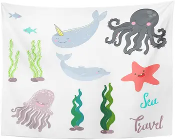 

Tapestry Blue Biology Marine Animals and Algae Jellyfish Dolphin Octopus Starfish Narwhal Green Botany Children Tapestries Wall