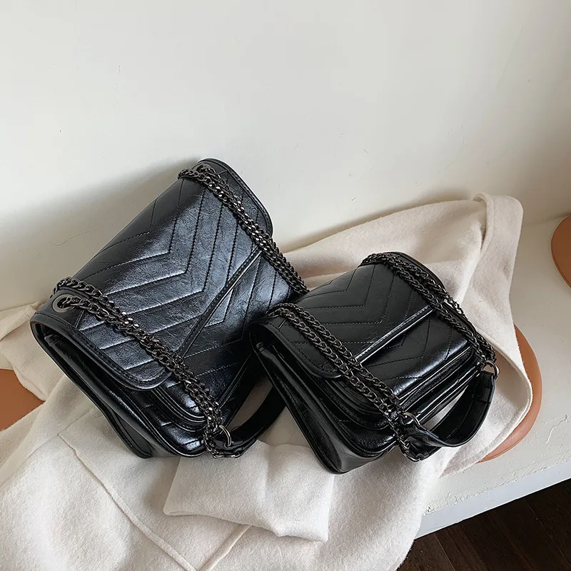 

2019 Autumn New Style WOMEN'S Bag Simple Retro Rhombus Pu Solid Color Multilayer Chain Shoulder WOMEN'S Bag Large Small