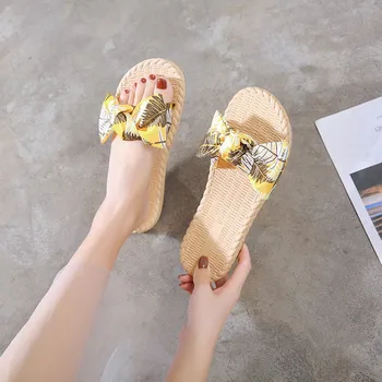 

Fashion Flip-flops Bow Knot Vacation Beach Shoes 2020 Summer Floral Flock Flat Slippers Women Shoes Woman Slides Plus Size 43