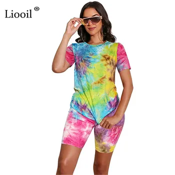 

Liooil Tie Dye Print Two Piece Set Casual Loose T Shirts Tops And Pants 2020 Short Sleeve Women Tracksuit Jogging Female Sets
