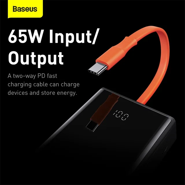 Baseus 65W Power Bank 20000mAh with Type C Two-Way Cable External Battery for Phone and Notebook, Three-Port Fast charging 3