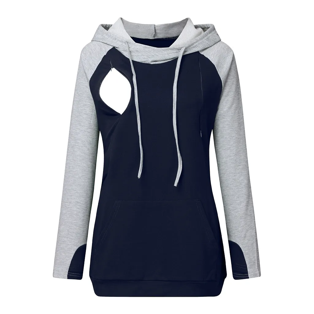 Women's Nursing Maternity Sweatshirt Pregnant Winter Nusring Maternity Long Sleeve Splicing Tops Pregnant Pullover Hooded