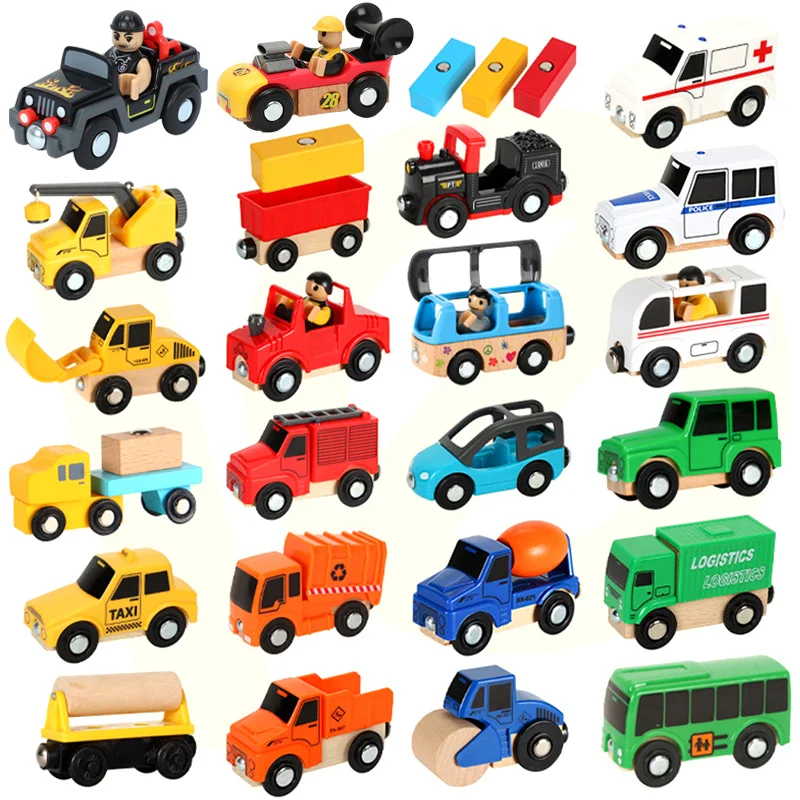 Wood Railway Toys Tracks-Parts Train-Track-Accessories Car Truck Magnetic-Train Helicopter