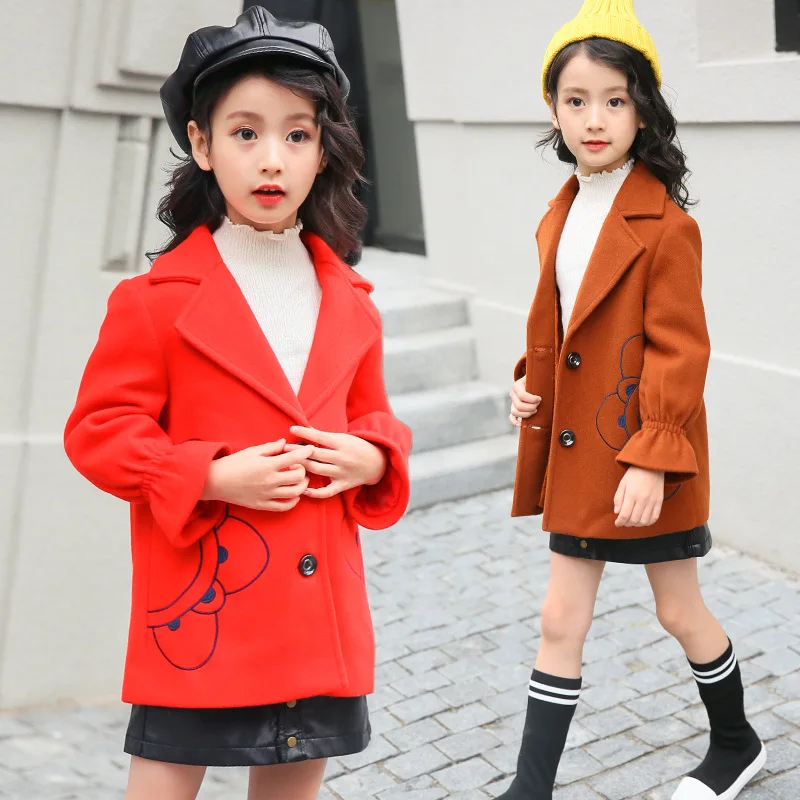 

2019 Autumn And Winter Girls Thick Woolen Jacket Embroidery Korean-style CHILDREN'S Jacket Mixed Colors Mid-length Children Duff