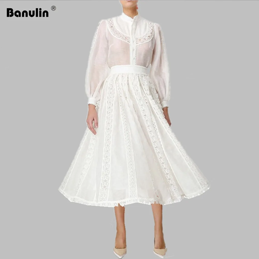 

2020 New Fashion Spring Hollow Out Mesh Lace Patchwork Stand Collar Shirt For Female High Waist Women's Skirt Clothing Sets