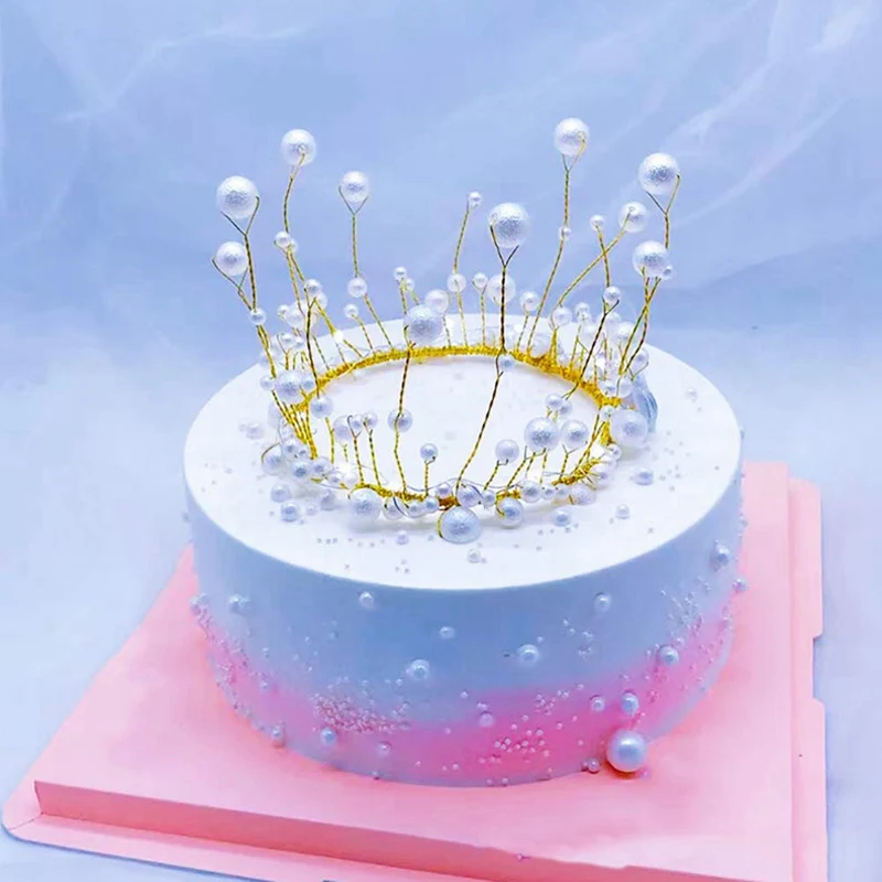 Металлический жемчуг принцесса Корона торт Топпер Блестящий искусственный жемчуг головной убор украшения для свадебного торта День рождения Топпер ручной работы