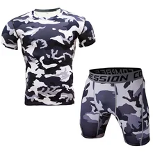 Мужской Камуфляжный спортивный костюм для бега, гимнастический костюм с коротким рукавом, стрейчевый обтягивающий дышащий Быстросохнущий спортивный баскетбольный костюм для верховой езды