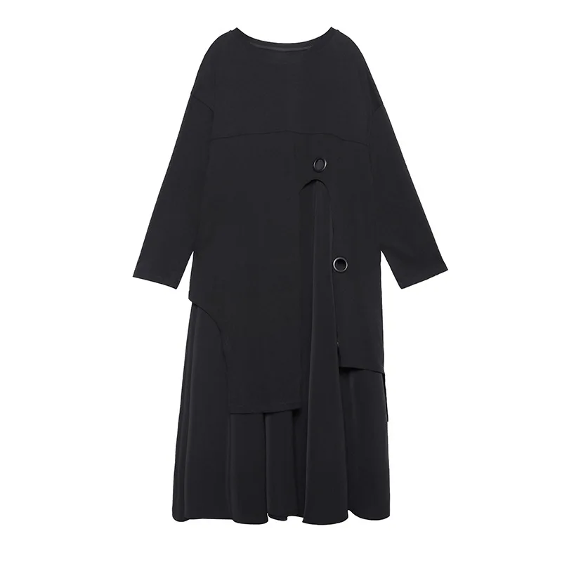 

Reserved Women Oversize Black Dresses Round Neck Long Sleeve Solid Color Darkness Metal Ring Big Size Hollow Out Fashion Tide