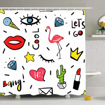 

Shower Curtain Set with Hooks 72x72 Fashion Style Design Fun 90S Sign Eyes Patch Badges Pattern Lipstick Abstract Bubble Pins