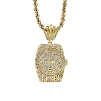

High Quality Iced Out Zircon Watch Dial Pendant With Hip Hop Bling Crown Charm Necklace Copper Punk Rock Jewelry