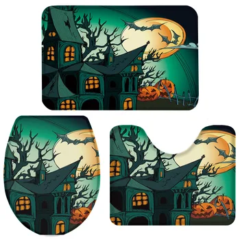 

Halloween Pumpkin House Moon Bath Set Toilet Cover Mat Pedestal Rug Non-Slip Bathroom Rug Set