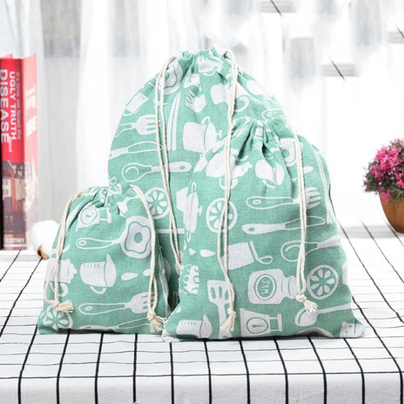 Cotton Linen Drawstring Bag Fabric Pouch Cute Cartoon Print Kids Travel Cloth Shoes Storage Bag Makeup Case Christmas Gift Bag 4