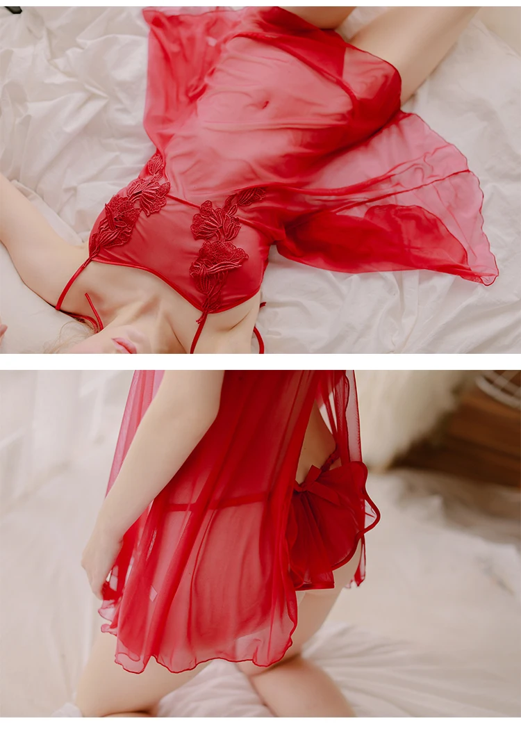 Прозрачные пикантные женская ночная сорочка одежда для сна, пижама подтяжки Ночное Платье вышитое-Цветы одежда для сна