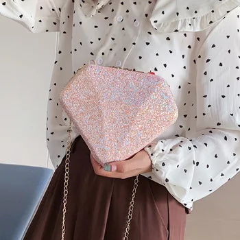 

New Women Fashion Casual Bag All-match Sequins Decoration Shoulder Bag Diamond Shape Pink Bag