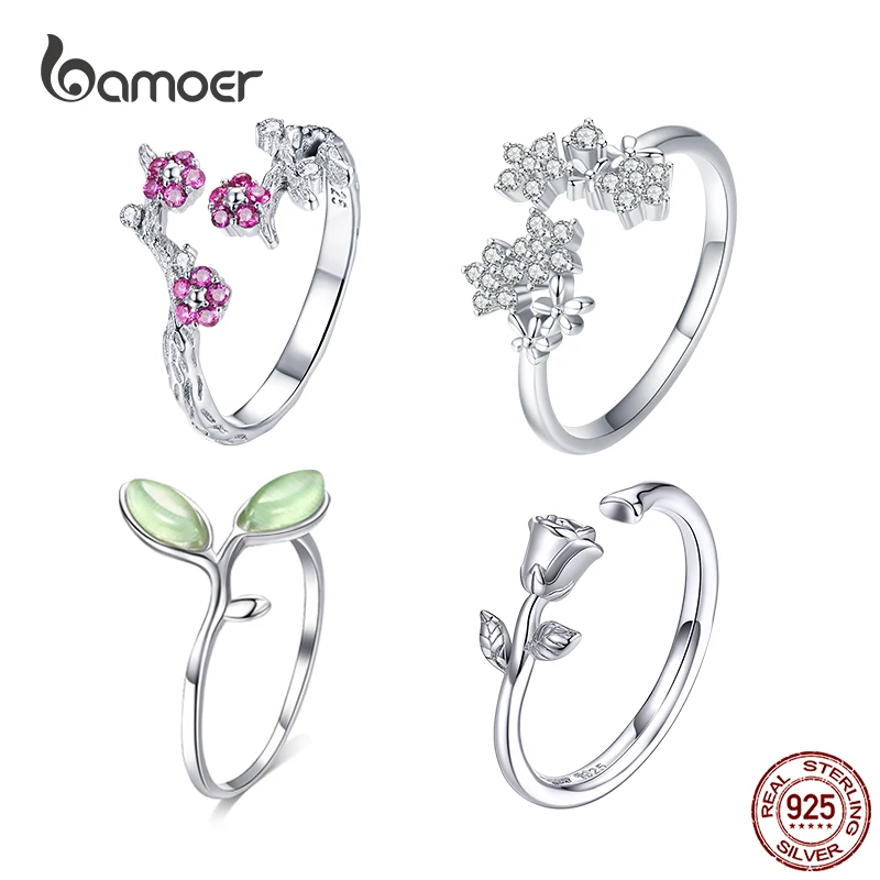 Bamoer Love Rose Flower регулируемое кольцо на для женщин 3D ветка Цветочный размер 925 пробы