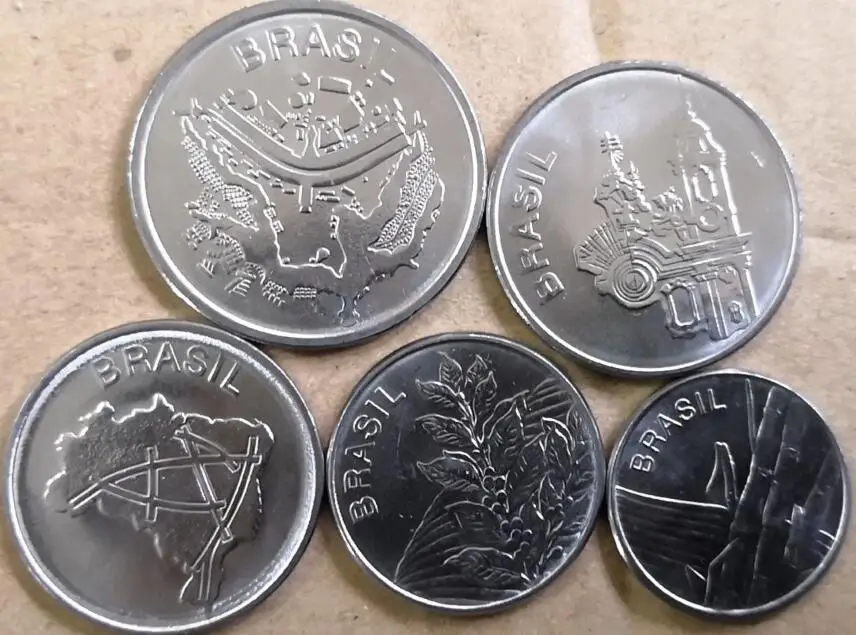 5 шт Набор монет Бразилии, настоящие монеты, оригинальная коллекция
