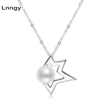 

Lnngy 925 Sterling Silver 7.5-8mm Natural Cultured Freshwater Pearl Star Pendant Necklace Women Anniversary Party Necklace Gift