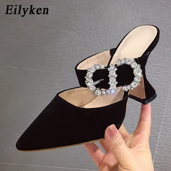 

Eilyken 2020 Summer Crystal Diamond Bling Women Pumps Buckle Pointed Toe High Heels Spike High Heels Mules Slippers Party Shoes