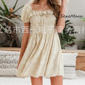 

Summer Elegant Vintage Women Floral Mini Dress 2020 Casual Square Collar Ruffles Slim Dress