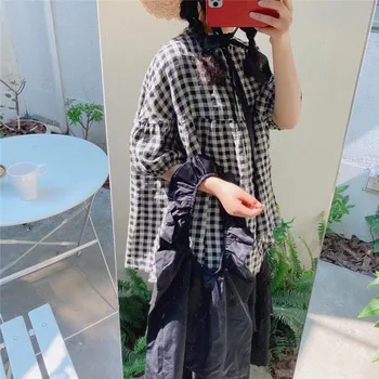 

2020 spring and summer new Mori women's literature and art retro plaid cotton and linen casual loose doll shirt