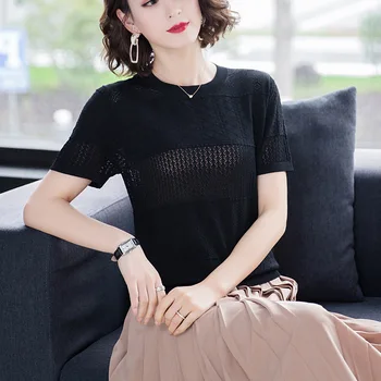 

Women's summer new hollow stitching short sleeve shirt gray