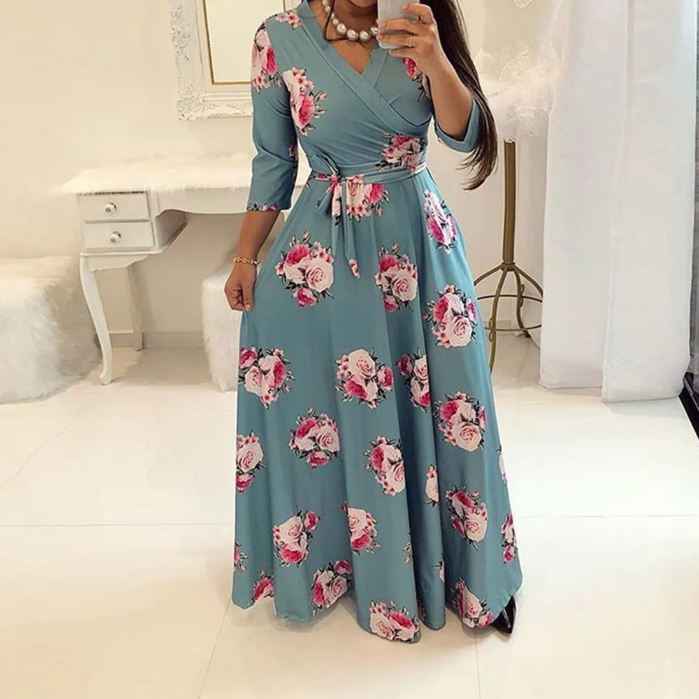 Boho, женское летнее макси платье с v-образным вырезом, милое, рукав 3/4, длина до пола, цветочный сарафан, пуловер на шнуровке, для путешествий, богемные платья