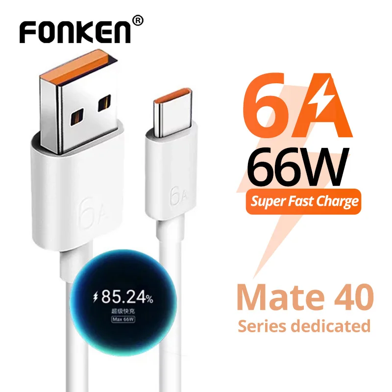 FONKEN 66W 6A USB Type-C Super Fast Charging Data Cable For Huawei Mate 40 Pro 30 20 P40 P30 Lite P20 C Charge Charger Wire | Мобильные