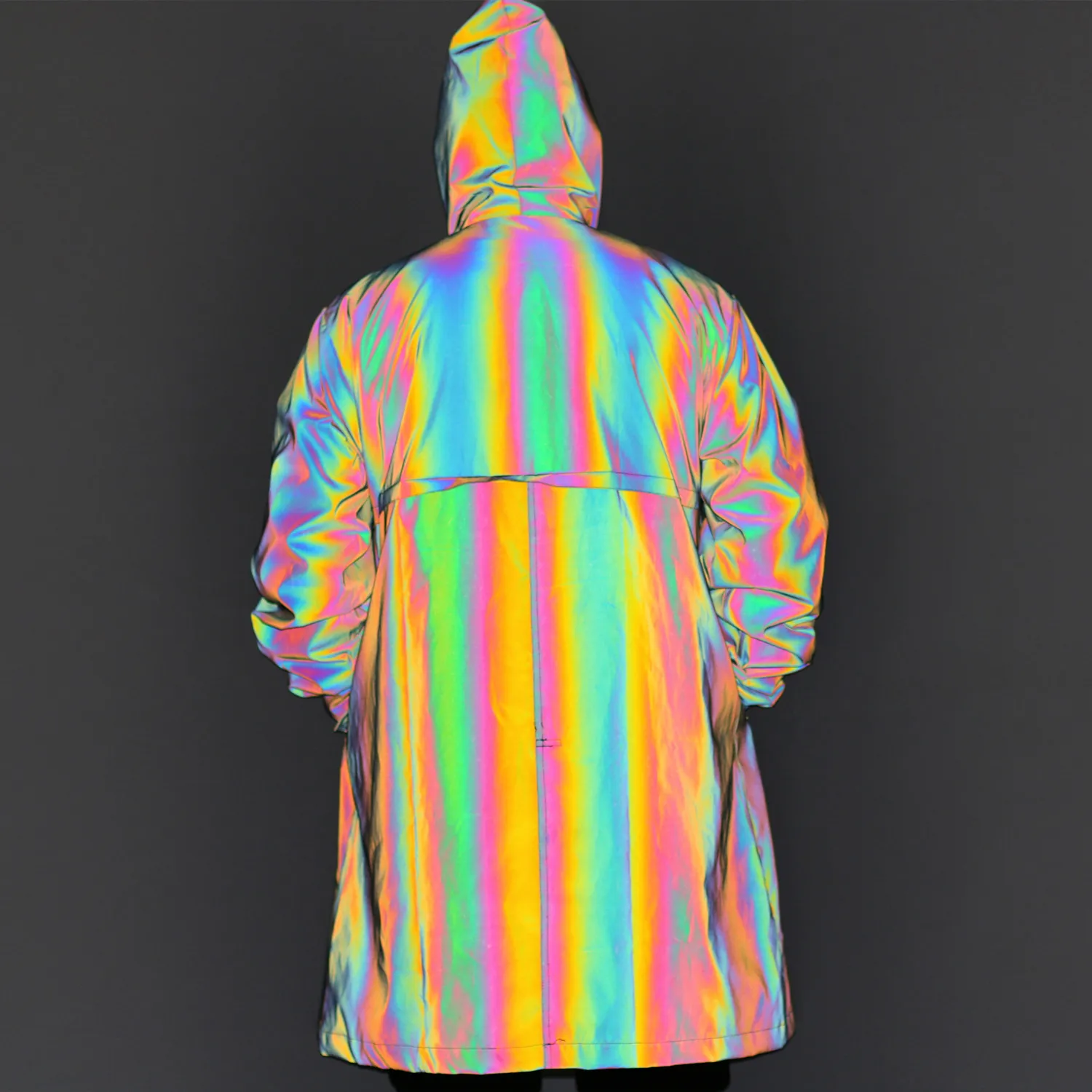 Men Unisex High Street Rainbow Reflective Hooded Jacket Windbreaker Dust Coat Trench