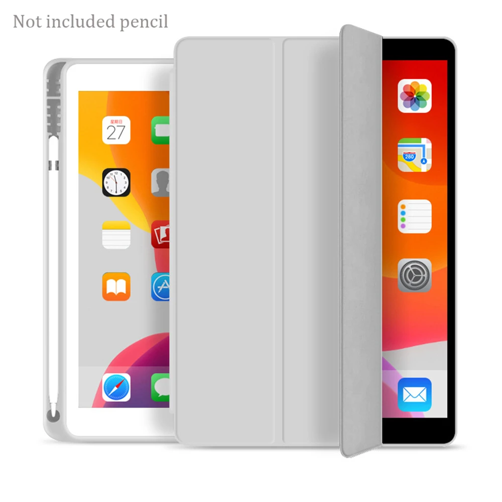 For New iPad 10.2 inch Model A2197 7th Gen Cover With Pencil Holder, Slim Tri-fold PU Leather Smart Case have wake up sleep - Цвет: Light gray