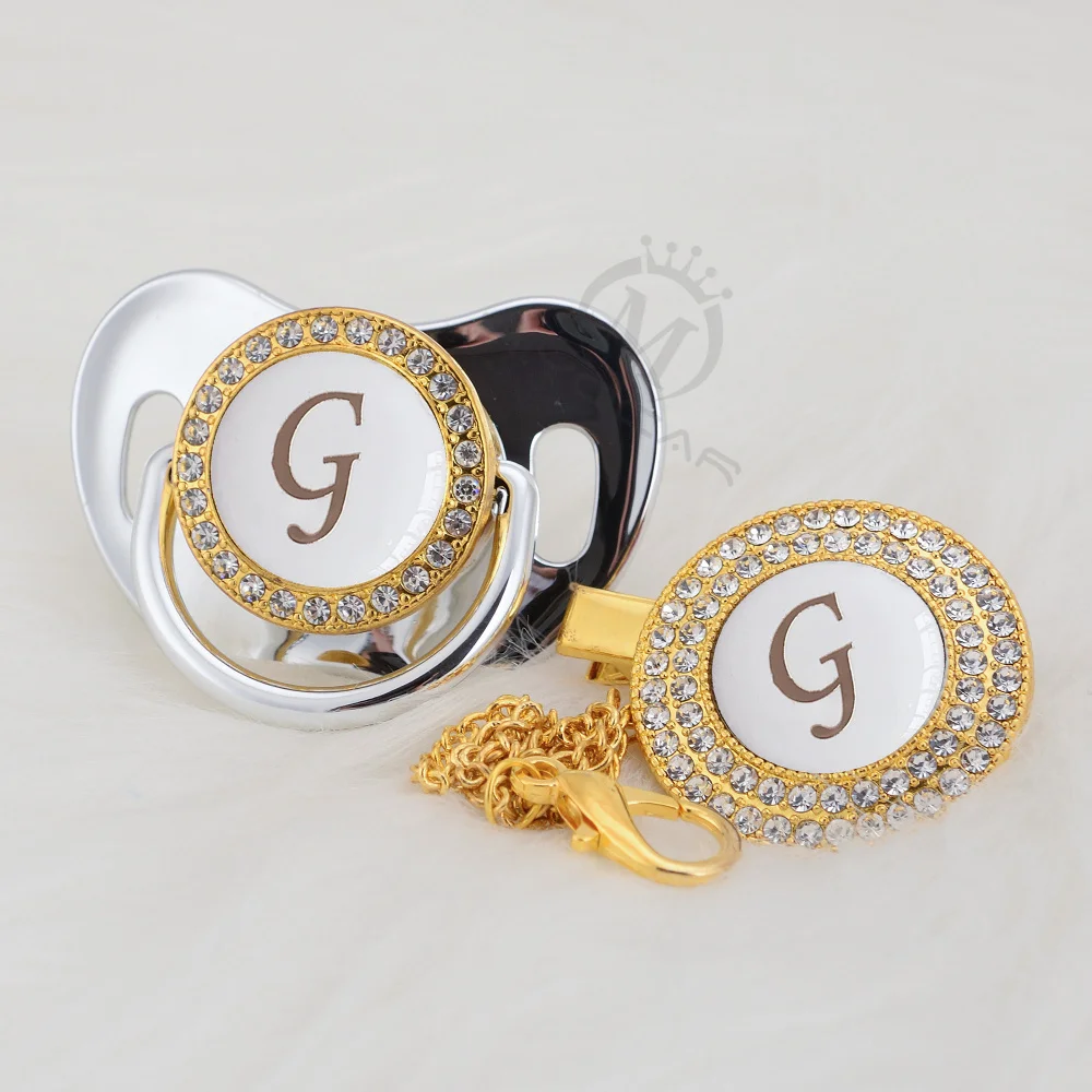 LH-9-W 6-18M BLING elegant bling pacifier and pacifier clip set name Initials letter H unique BPA free dummy bling unique design LH-W - Цвет: LH-9-W 6-18M