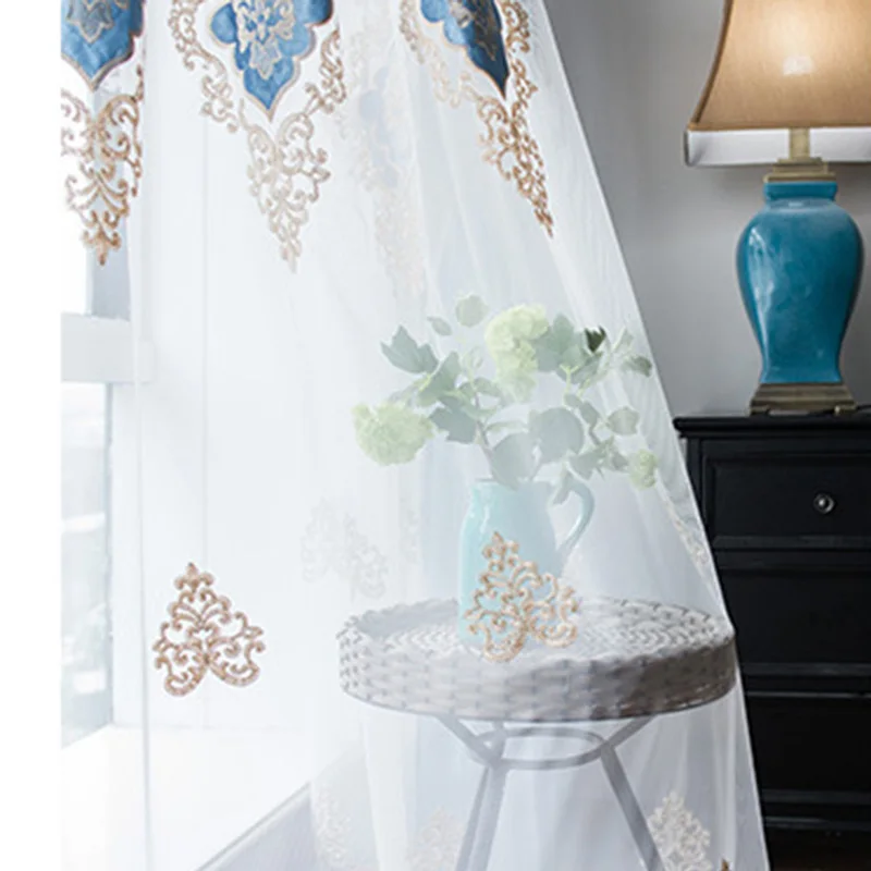 Voile Tulle Синий бархат затемненные шторы ткань Европейский геометрический Вышивка Тюль s для гостиной отель индивидуальные X-HM047#40 - Цвет: Voile Tulle