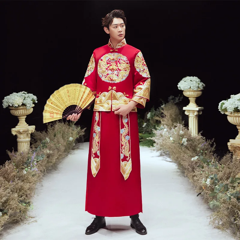 Terno Noivo Colete Gravata New Chinese Bridegroom's Dress Ancient Wedding Men's Tang Suit Style Dragon Phoenix Jacket Xiuhe